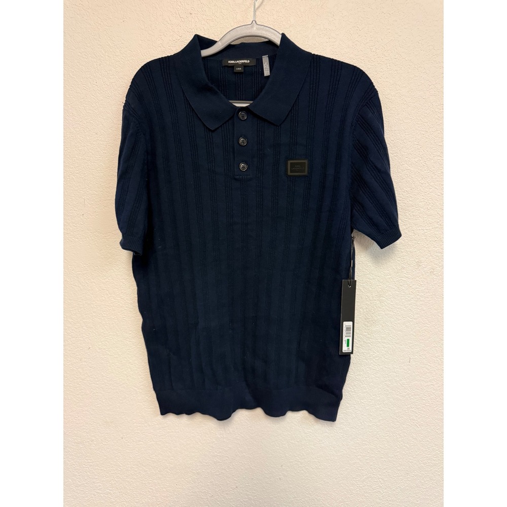 Karl Lagerfeld Paris Mens Navy Blue Ribbed Knit Polo Shirt Short Sleeve Large